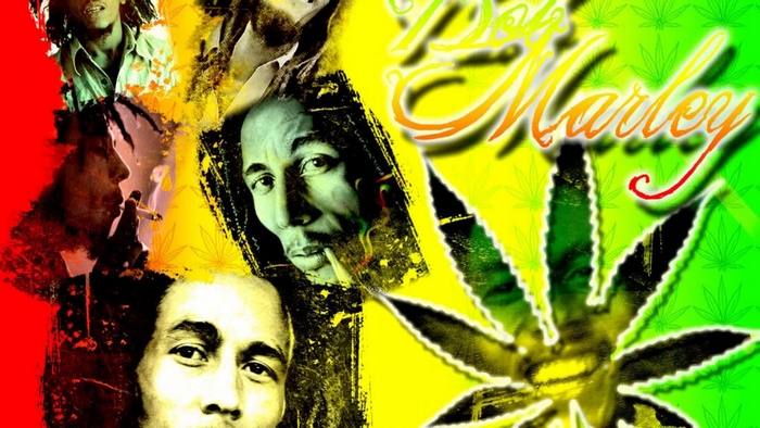 Bob Marley collage with cannabis leaves