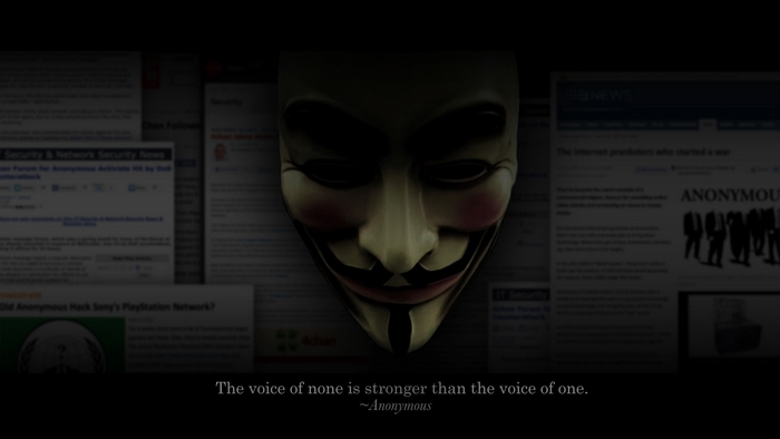 Anonymous mask with news articles and quote