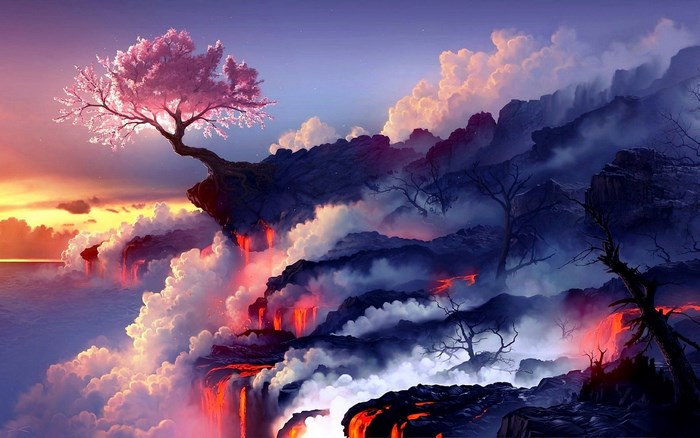 Fantasy landscape with cherry blossom tree and lava