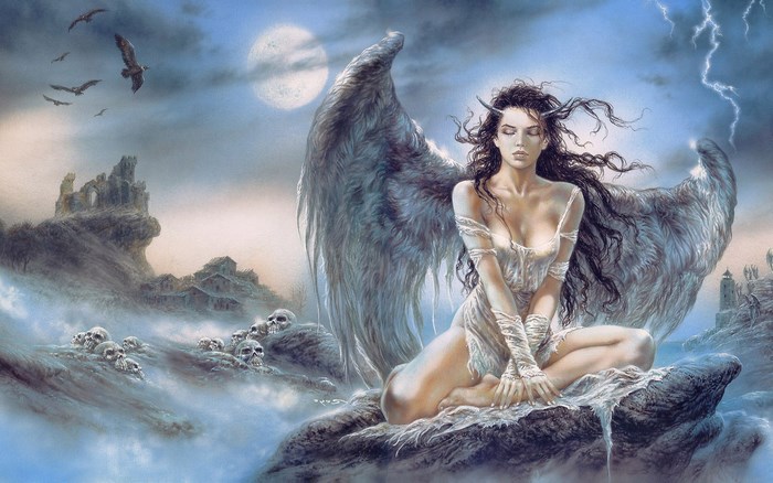 Angel sitting on rocks with skulls and ruins