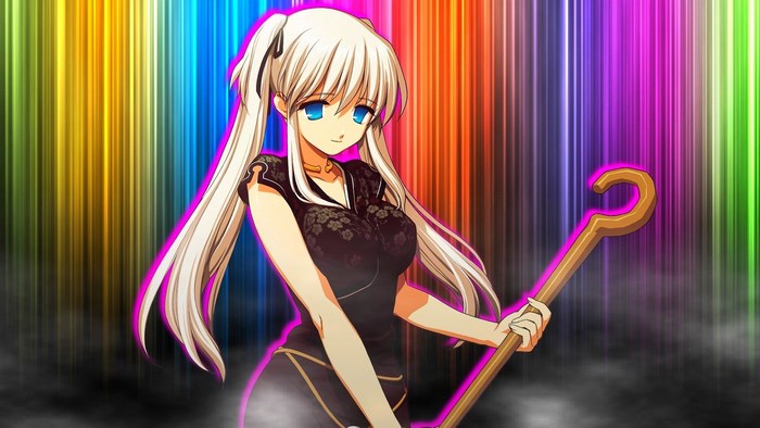 Anime girl with blonde pigtails holding a staff