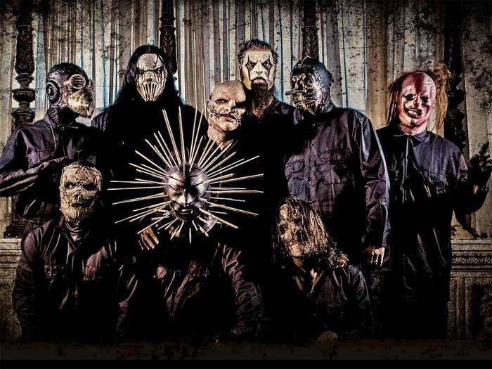 Slipknot band members posing in masks