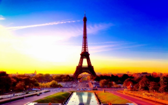 Eiffel Tower at Sunrise with Paris Skyline