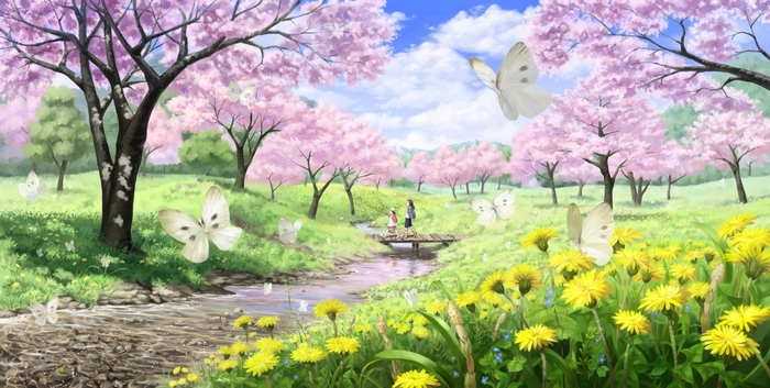 Spring landscape with cherry blossoms and butterflies