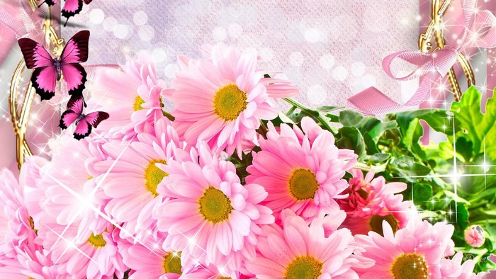 Pink daisies and butterflies with ribbon