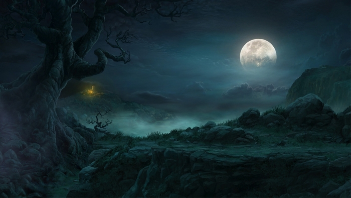 Mysterious night landscape with a full moon and ancient tree