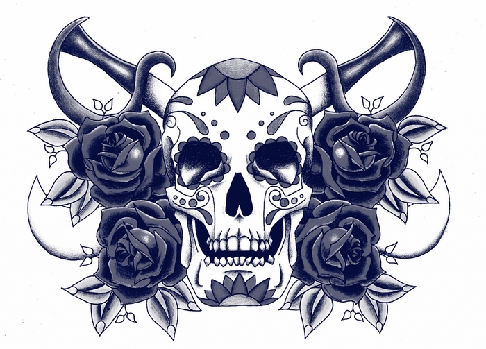 Sugar skull with roses and crossed sabers