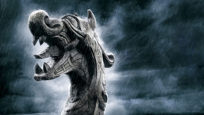 Viking ship prow in the rain