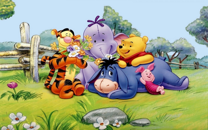 Winnie the Pooh and friends in a field