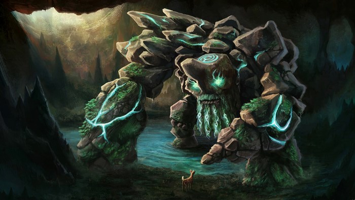 Stone Golem and Deer in Cave