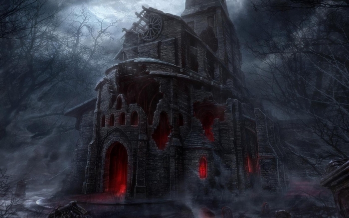 Horror church ruins with red glow