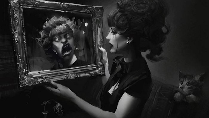 Woman looking in a mirror with a distorted reflection
