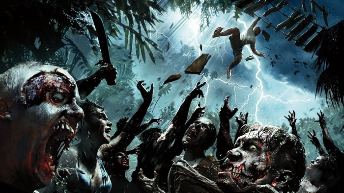 Zombies attacking a man during a storm