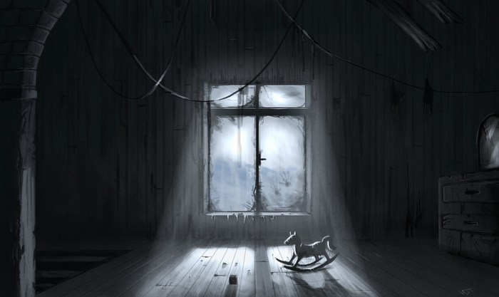 Creepy abandoned room with rocking horse and window
