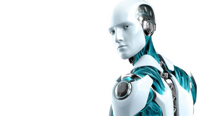 Robot with blue accents on white background