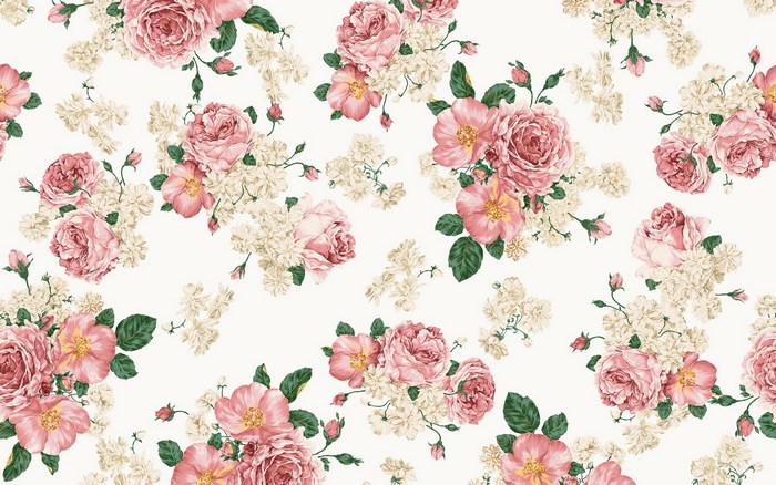Vintage floral pattern with pink roses and white flowers