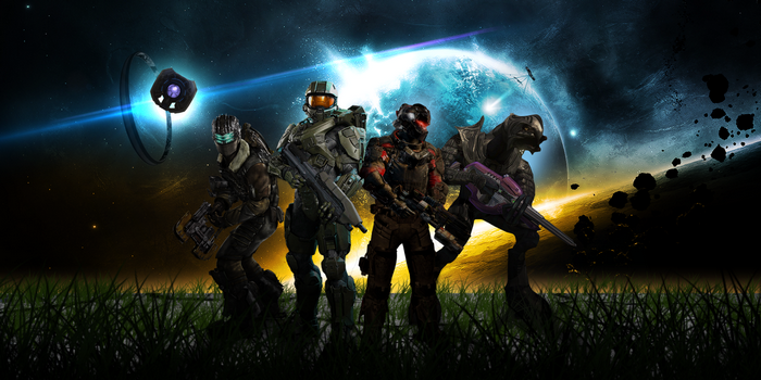 Isaac Clarke, Master Chief, and Elite from Halo in space