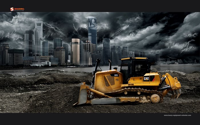 Caterpillar D7E Bulldozer in Stormy Urban Landscape