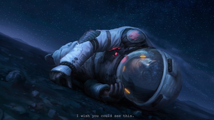 Astronaut lying on a starry alien planet