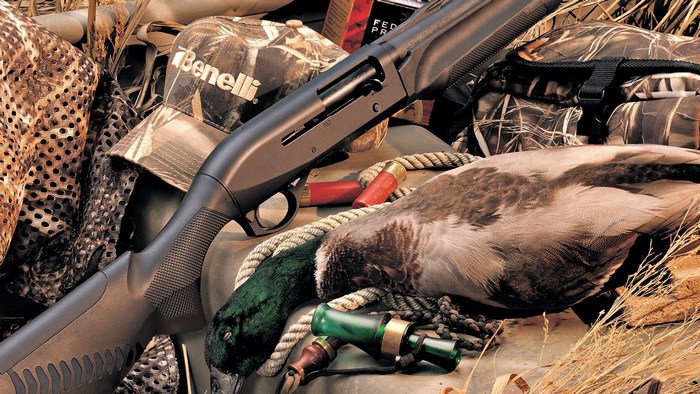 Benelli M2 shotgun with duck hunting gear