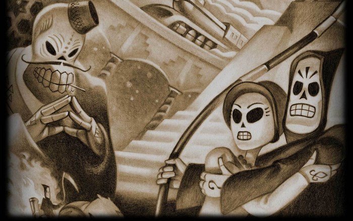 Grim Fandango Remastered characters on a bridge