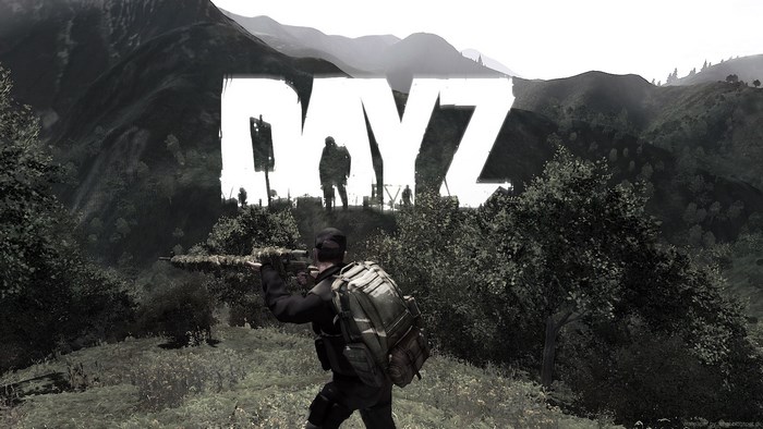 DayZ game title with survivors in a mountainous landscape