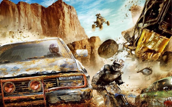 MotorStorm desert race with vehicles and riders