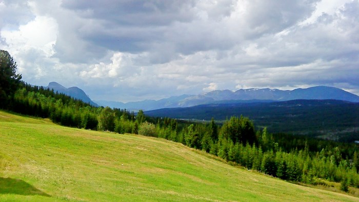 Green rolling hills and distant mountains under a cloudy sky