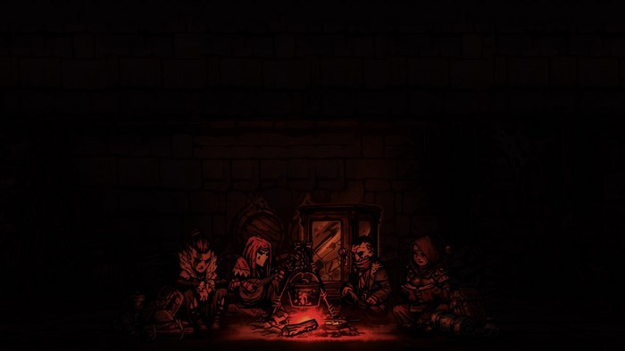 Darkest Dungeon characters by campfire