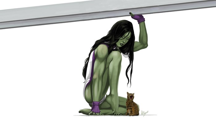 She-Hulk holding a beam with a cat