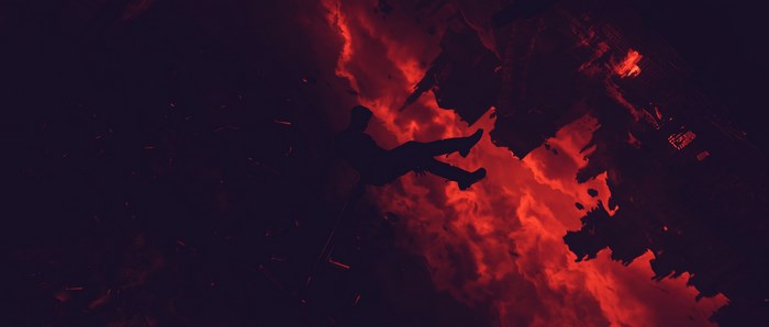 Dante from Devil May Cry falling through fire