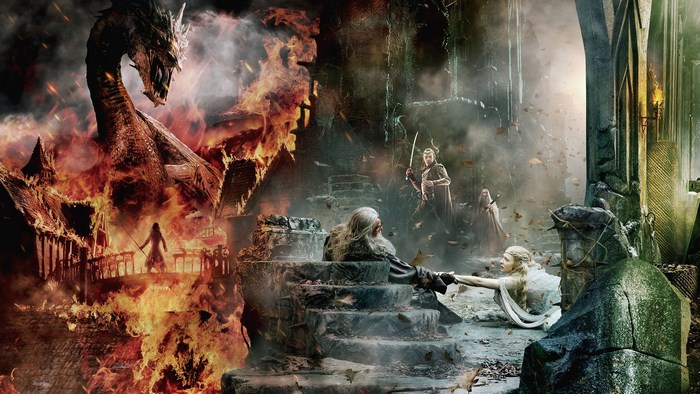 Smaug the dragon attacks Dale, Gandalf and Tauriel in Erebor