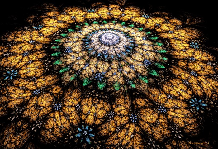 Golden fractal flower with blue and green accents