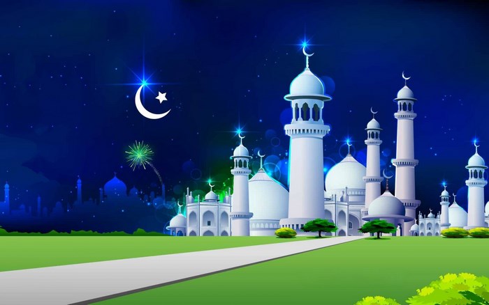 Mosque with Crescent Moon and Fireworks