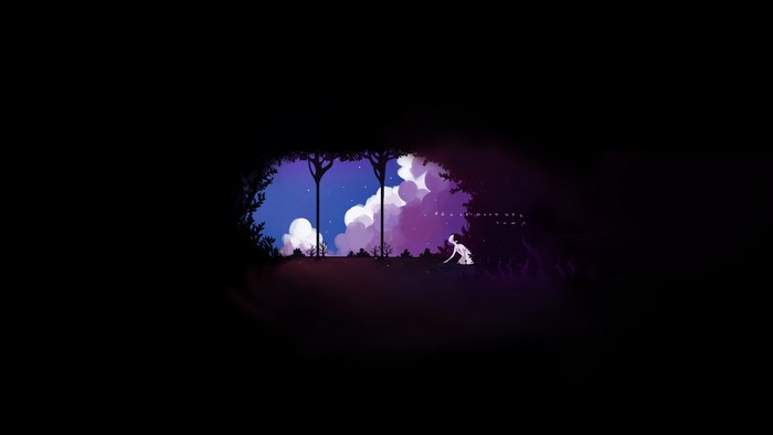 Girl and dog in a starry night forest