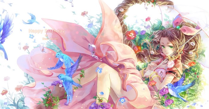 Aerith Gainsborough from Final Fantasy VII with birds and flowers