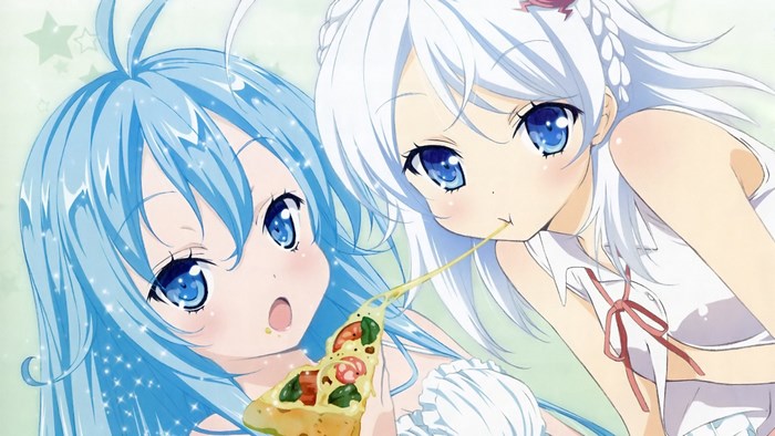 Two anime girls eating pizza