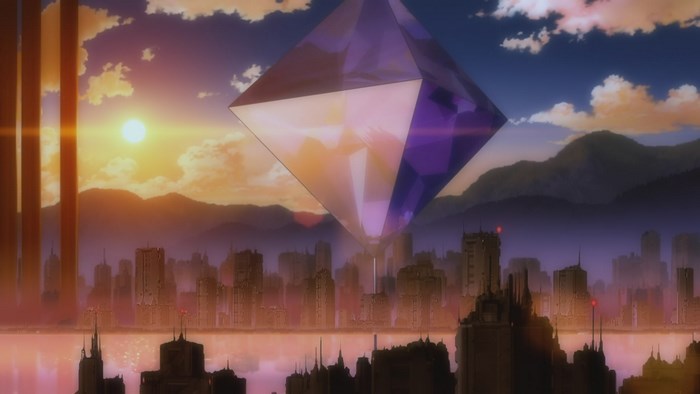 Neon Genesis Evangelion - Cityscape with Crystal at Sunrise