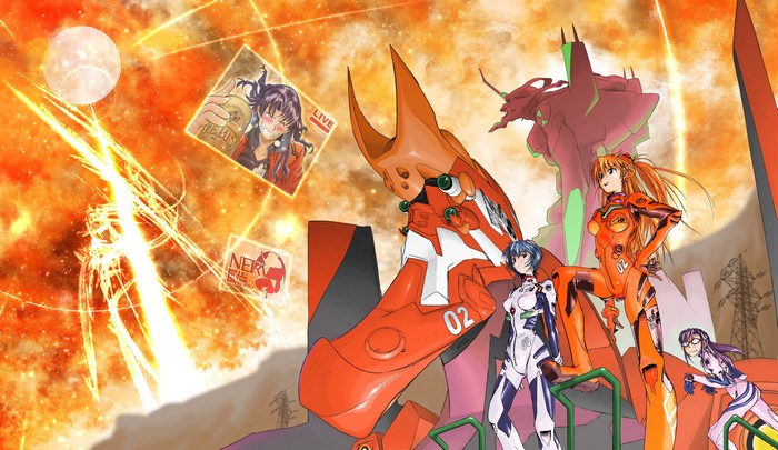 Neon Genesis Evangelion: Asuka, Rei, and Mari with Evangelions