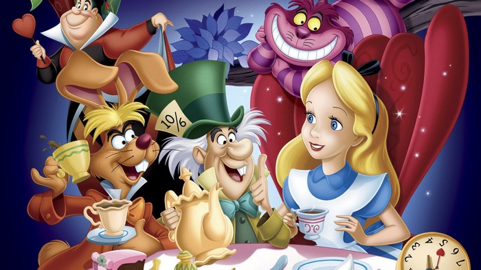 Alice in Wonderland characters at a tea party