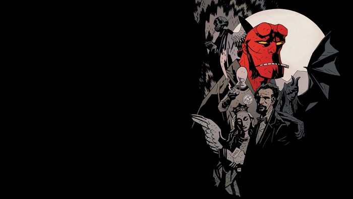 Hellboy and other characters in front of moon