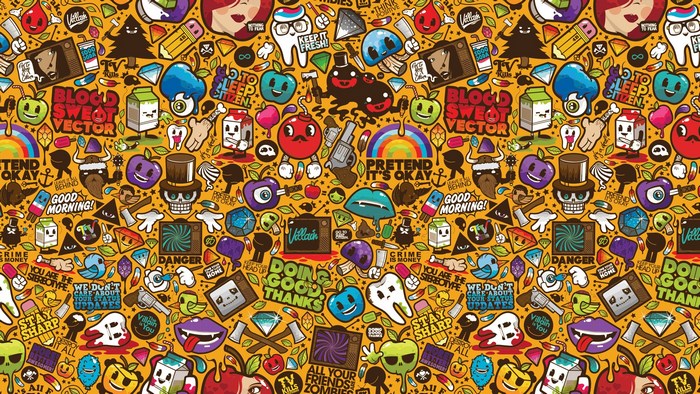Sticker bomb collage with cartoon elements