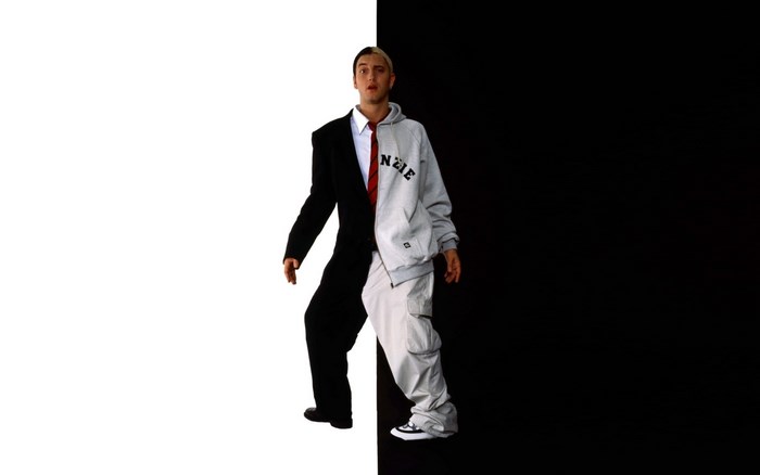 Eminem in split suit and hoodie