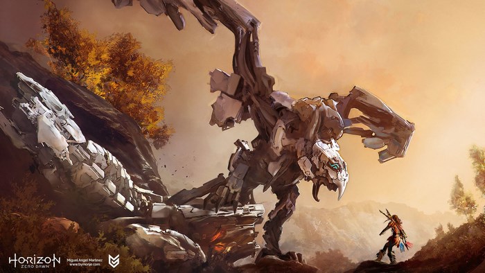 Horizon Zero Dawn: Aloy Facing a Mechanical Beast