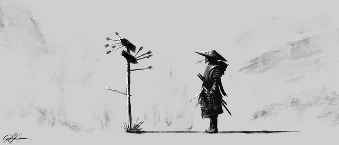 Samurai warrior standing near a pole with arrows