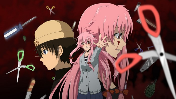 Mirai Nikki: Yuno Gasai and Yukiteru Amano with weapons