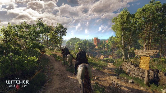 Geralt and another Witcher from The Witcher 3: Wild Hunt on horseback