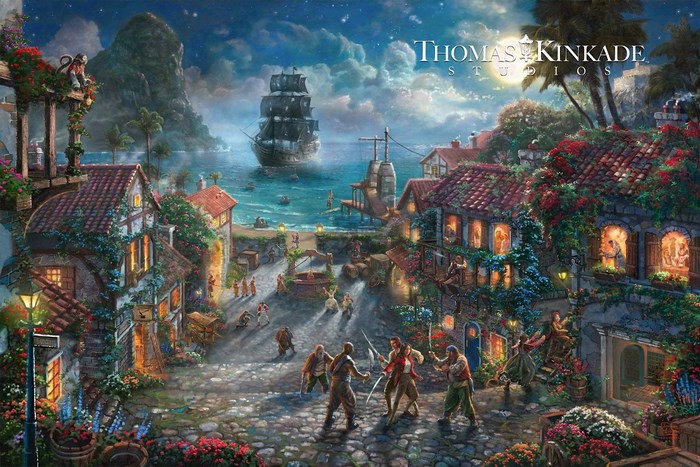 Pirate Village Scene with Ship at Sea