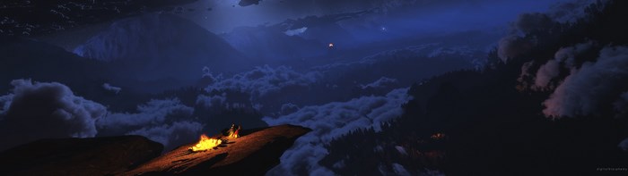 Fantasy landscape with campfire at night