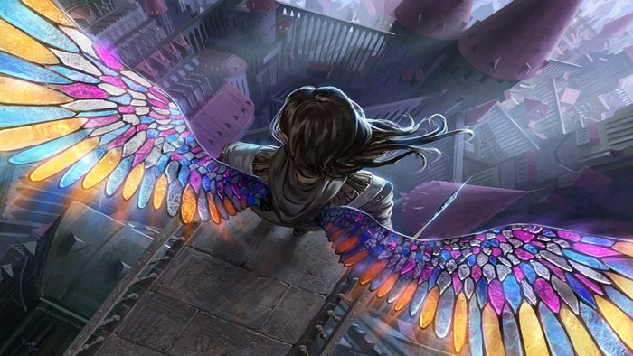 Angel with stained glass wings in a city